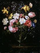 Juan de Arellano Clematis, a Tulip and other flowers in a Glass Vase on a wooden Ledge with a Butterfly